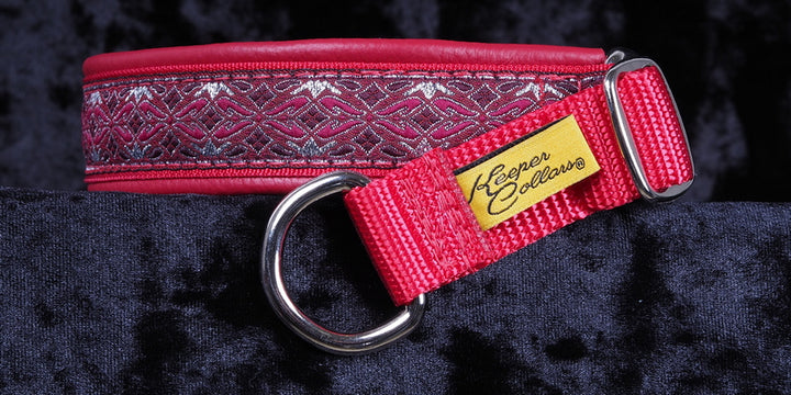 1 Inch Collar Silver and Red Diamonds on Red Web with Red Leather and Chrome Hardware