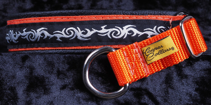 1 Inch Collar Silver Tribal on Orange Web with Black Leather and Chrome Hardware