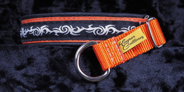 1 Inch Collar Silver Tribal on Orange Web with Black Leather and Chrome Hardware