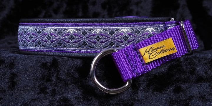 1 Inch Collar Silver and Purple Diamonds on Purple Web with Black Leather and Chrome Hardware Keeper Collars