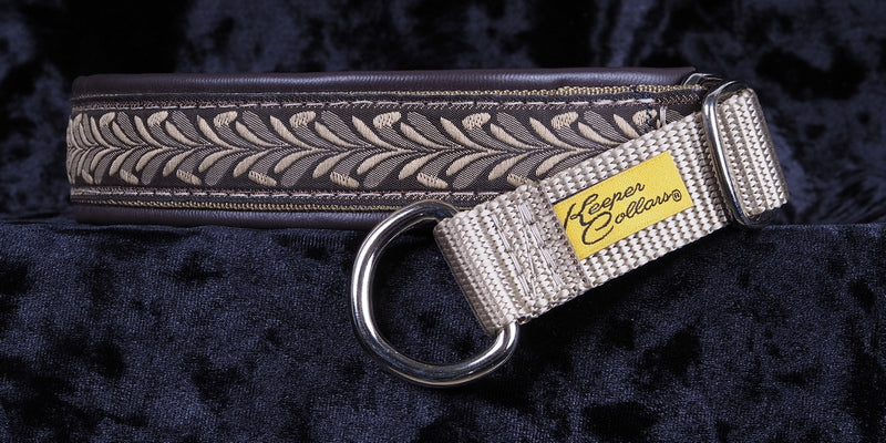 1 Inch Collar Wheat on Coyote Web with Brown Leather and Chrome Hardware Keeper Collars