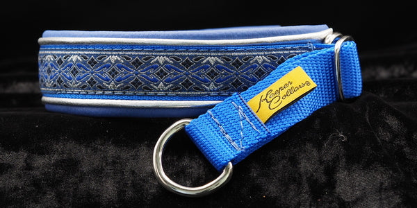1 Inch Double Leather Collar Silver and Blue Diamonds on Royal Blue Web with Metallic Silver and Blue Leather and Chrome Hardware
