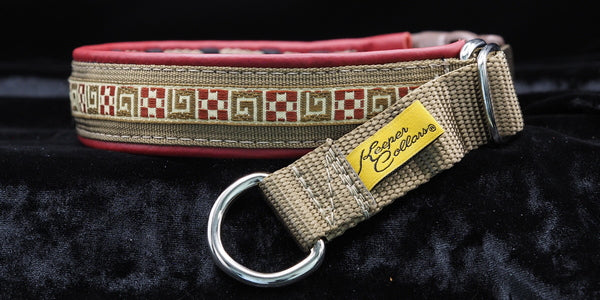 1 Inch Collar Burgundy and Tan Quilt and Keys on Coyote Web with Burgundy Leather and Chrome Hardware
