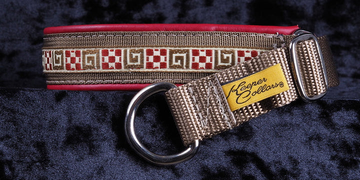 1 Inch Collar Burgundy and Tan Quilt and Keys on Coyote Web with Burgundy Leather and Chrome Hardware Keeper Collars