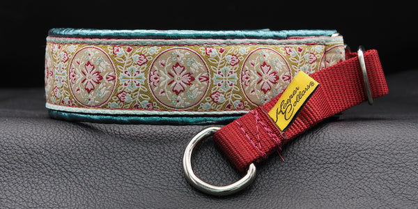 End Run, 17", 18", 1.5 Berry Web, with Metallic Teal Leather, Red Tan and Mint Clover Ribbon, Chrome hardware, Med Prong