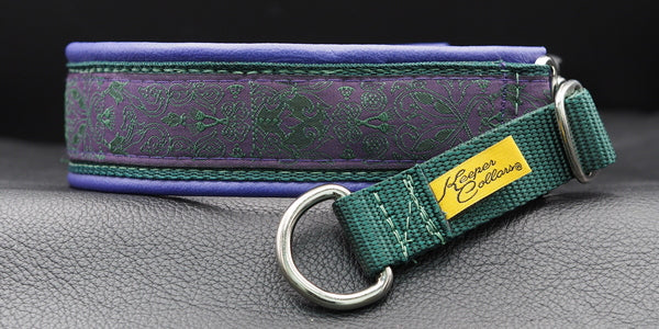 End Run, 17",18",1.5 Forest green Web, Purple Barckground Green desighn Ribbon, Purple Leather,Chrome Hardware, Medium Prong.