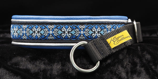 1 Inch Double Leather Collar Frozen on Black Web with Metallic Silver and Blue Leather and Chrome Hardware