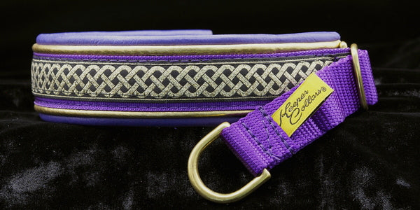 1 Inch Double Leather Collar Gold and Purple Celtic Knots on Purple Web with Metallic Gold and Purple Leather and Brass Hardware