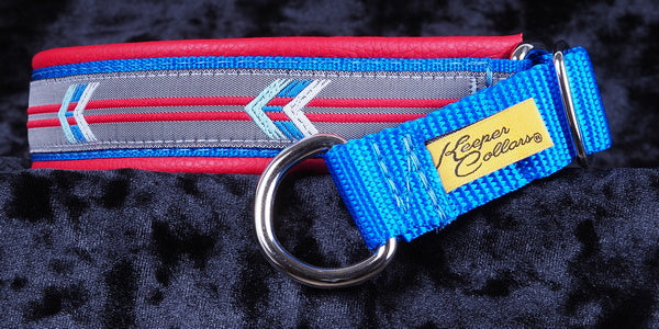1 Inch Collar Light Blue Red and White Arrows on Gray on Royal Blue Web with Red Leather and Chrome Hardware