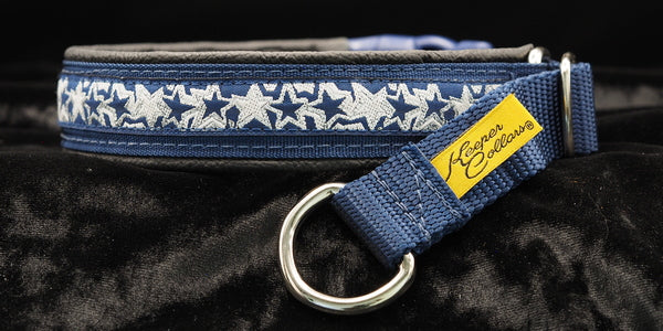 1 Inch Collar Silver White and Navy Stars on Navy Web with Black Leather and Chrome Hardware