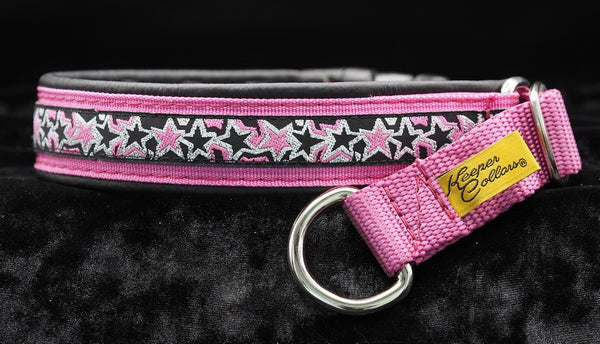 1 Inch Collar Silver Dark Pink and Black Stars on Pink Web with Balck Leather and Chrome Hardware