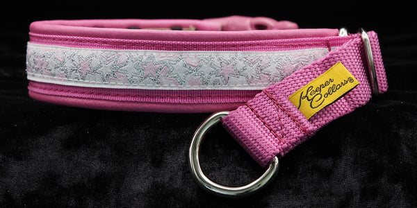 1 Inch Collar 3/4 inch Silver Light Pink and White Stars on Pink Web with Pink Leather and Chrome Hardware