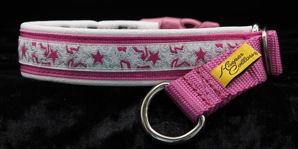1 Inch Collar Silver Dark Pink and White Stars on Pink Web with White Leather and Chrome Hardware