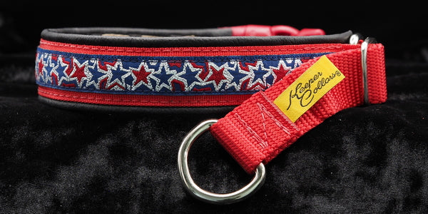 1 Inch Collar Silver Red and Blue Stars on Red Web with Black Leather and Chrome Hardware (Copy)
