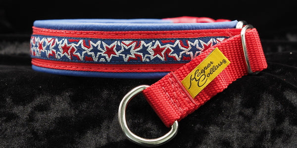 1 Inch Collar Silver Red and Blue Stars on Red Web with Blue Leather and Chrome Hardware