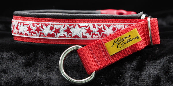 1 Inch Collar 3/4 inch Silver Red and White Stars on Red Web with Black Leather and Chrome Hardware