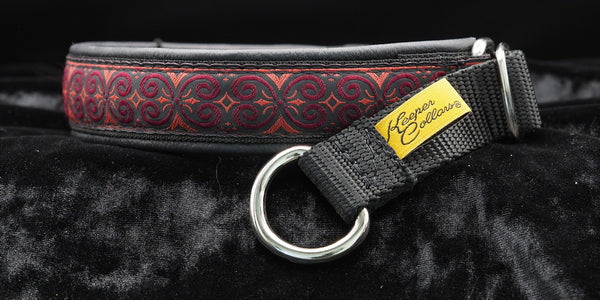 1 Inch Collar Red Scroll on Black Web with Black Leather and Chrome Hardware