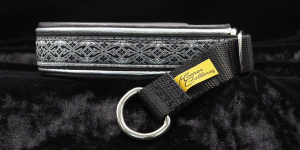 1 Inch Double Leather Collar Silver and Blue Diamonds on Black Web with Metallic Silver and Black Leather and Chrome Hardware