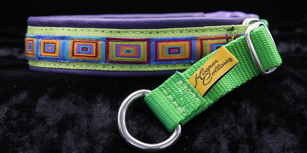 1 Inch Collar 3/4 inch Colored squares on Lime Web with Purple Leather and Chrome Hardware
