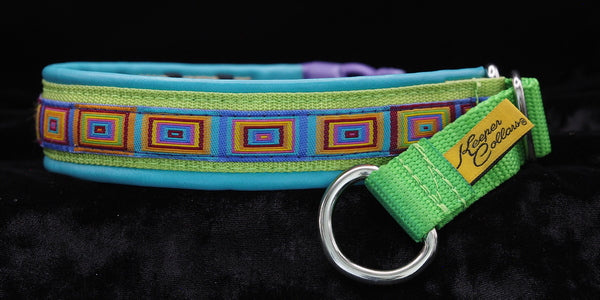 1 Inch Collar 3/4 inch Colored squares on Lime Web with Teal Leather and Chrome Hardware