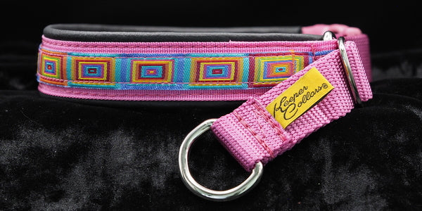 1 Inch Collar 3/4 inch Colored squares on Pink Web with Black Leather and Chrome Hardware