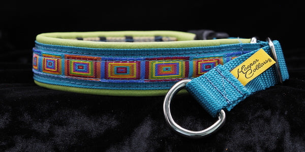 1 Inch Collar 3/4 inch Colored squares on Teal Web with Lime Leather and Chrome Hardware