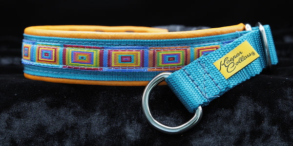 1 Inch Collar 3/4 inch Colored squares on Teal Web with Orange Leather and Chrome Hardware