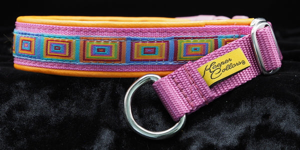 1 Inch Collar 3/4 Inch Colored Squares on Pink Web with Orange Leather and Chrome Hardware