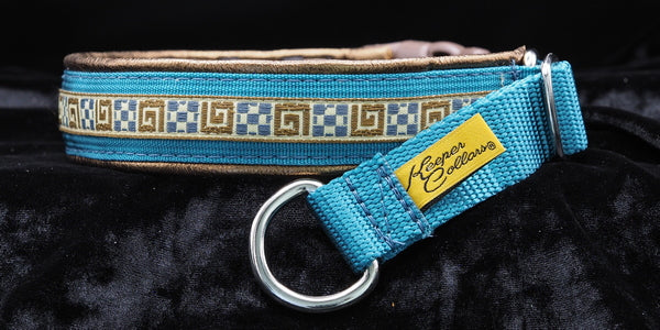 1 Inch Collar Tan and Gray Quilt Key on Teal Web with Copper Leather and Chrome Hardware