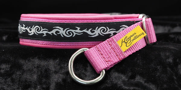 1 Inch Collar Silver Tribal on Pink Web with Pink Leather and Chrome Hardware