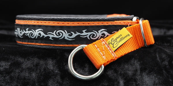 1 Inch Collar Silver Tribal on Orange Web with Black Leather and Chrome Hardware