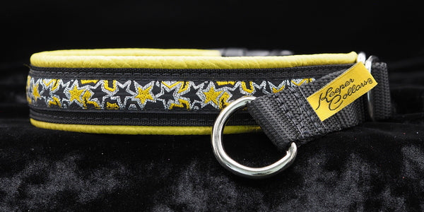 1 Inch Collar 3/4 inch Silver Yellow and Black Stars on Black Web with Yellow Leather and Chrome Hardware