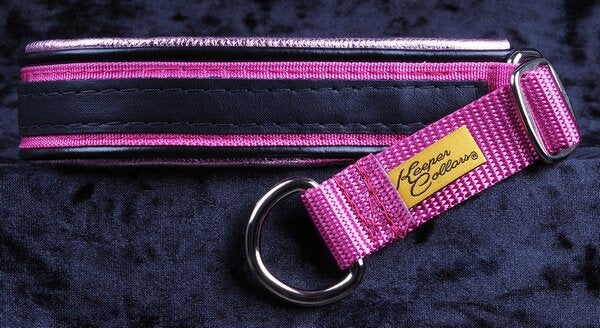 1 Inch Triple-Dog-Dare-Ya Collar Black Leather on Dk. Pink Web with Black and Metallic Lt. Pink Leather and Chrome Hardware