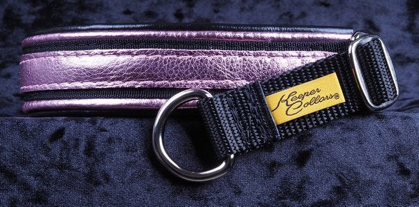 1 Inch Triple-Dog-Dare-Ya Collar Metallic Pink Leather on Black Web with Metallic Pink and Black Leather and Chrome Hardware