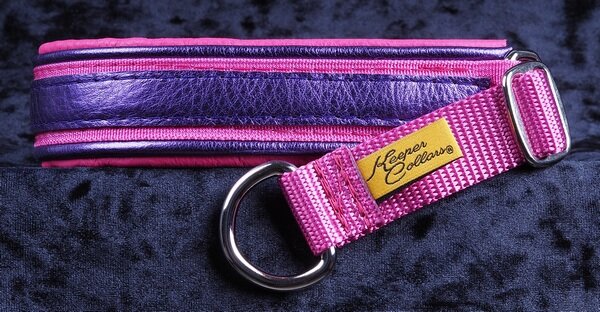 1 Inch Triple-Dog-Dare-Ya Collar Metallic Purple Leather on Dk. Pink Web with Metallic Purple and Dk. Pink Leather and Chrome Hardware