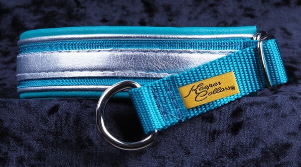 1 Inch Triple-Dog-Dare-Ya Collar Metallic Silver Leather on Teal Web with Metallic Silver and Teal Leather and Chrome Hardware