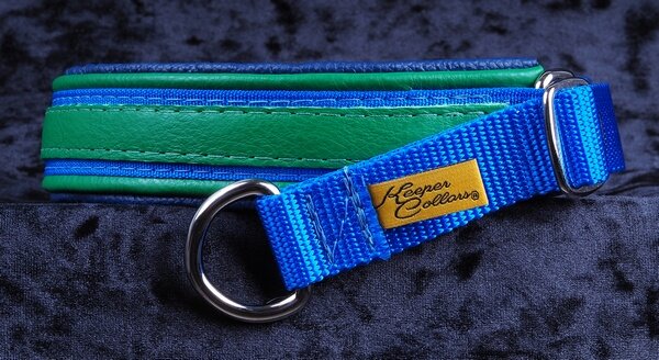 1 Inch Triple-Dog-Dare-Ya Collar Green Leather on Royal Blue Web with Green and Navy Leather and Chrome Hardware