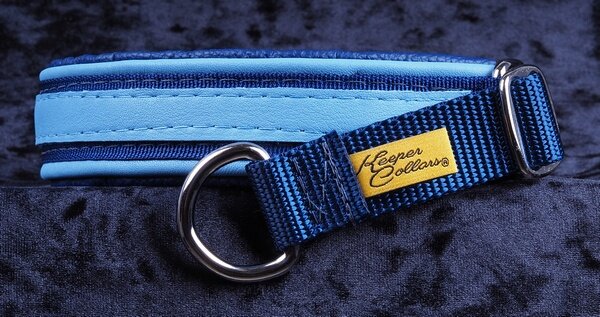 1 Inch Triple-Dog-Dare-Ya Collar Lt. Blue Leather on Navy Web with Lt. Blue and Navy Leather and Chrome Hardware