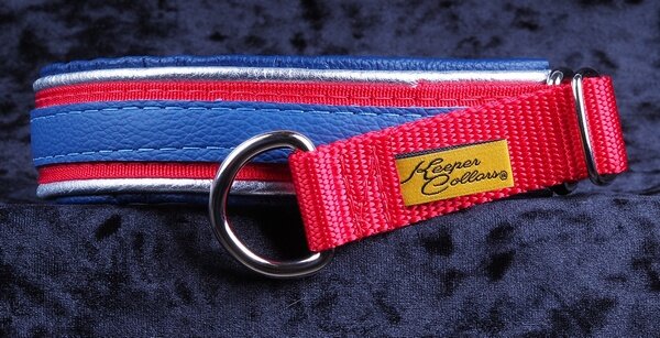 1 Inch Triple-Dog-Dare-Ya Collar Navy Leather on Red Web with Metallic Silver and Navy Leather and Chrome Hardware