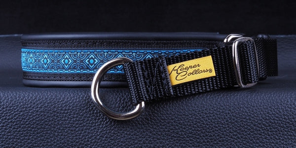 1 Inch Collar Blue Geo on Black Web with Black Leather and Chrome Hardware Keeper Collars