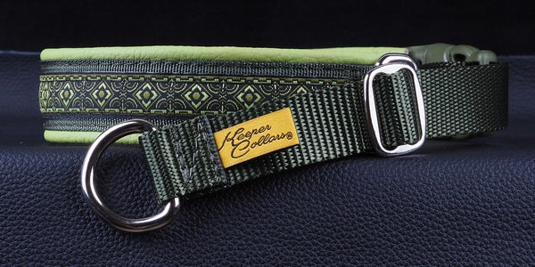 1 Inch Collar Green Geo on Olive Web with Lime Green Leather and Chrome Hardware