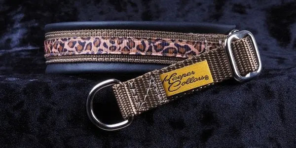 3/4 Inch Collar Leopard on Coyote Web with Black Leather and Chrome Hardware Keeper Collars