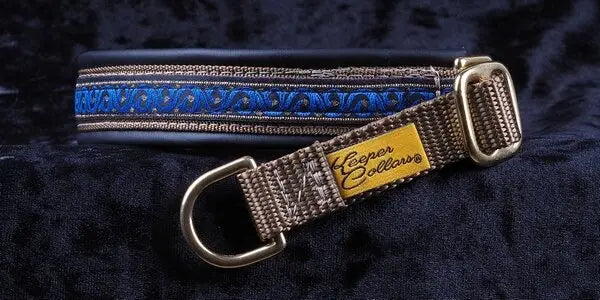 3/4 Inch Collar Gold and Blue Scroll on Coyote Web with Black Leather and Brass Hardware Keeper Collars