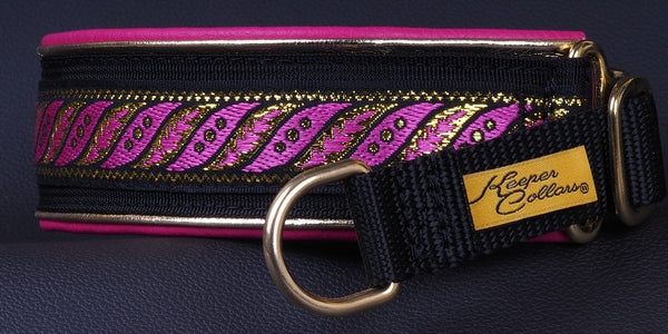 1 1/2 Inch Double Leather Collar Gold and Pink Fern on Black Web with Metallic Gold and Dk. Pink Leather and Brass Hardware