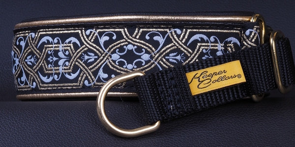 1 1/2 Inch Double Leather Collar Gold and White Filigree on Black Web with Metallic Gold and Black Leather and Brass Hardware