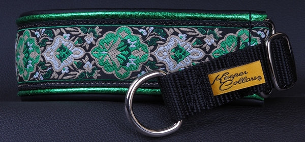 1 1/2 Inch Double Leather Collar Tan, Green and Mint Blossoms on Black with Metallic Green and Black Leather with Chrome Hardware