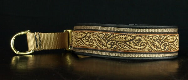 1 1/2 Inch Collar Black, Tan and Brown Paisley on Coyote Web with Black Leather and Brass Hardware