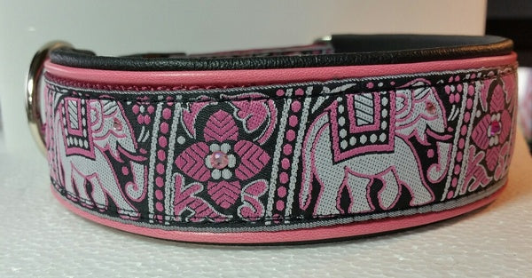 1 1/2 Inch Double Leather Collar Pink Elephants on Black Web with Pink and Black Leather and Chrome Hardware