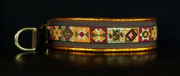 1 1/2 Inch Collar Gold Quilt Squares on Brown Web with Metallic Orange Leather and Brass Hardware
