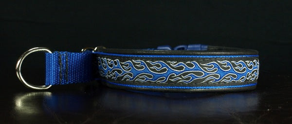 1 Inch Collar Blue Flames on Royal Blue Web with Black Leather and Chrome Hardware